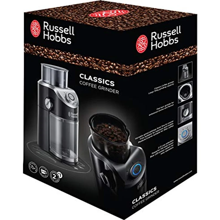Russell Hobbs Kaffeemühle [Elektrisch mit Scheibenmahlwerk] Classics (variable Mahlgradeinstellungen pulverfein bis grob für Kaffeebohnen, Nüsse, Gewürze, Getreide, 100 g Fassungsvermögen) 23120-56 – Bild 2