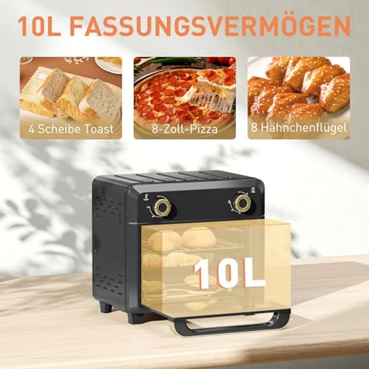HOMCOM Minibackofen mit Umluft, 10L Heißluftfritteuse, 60-Min-Timer, 80-230℃, 3 Einschubebenen, spülmaschinenfestes Zubehör, 1000W, schwarz – Bild 3