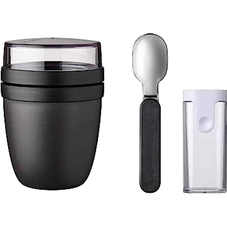 Mepal Klapplöffel-Set mit Lunchpot Ellipse, Joghurtbecher & Müslibecher, auslaufsicher, mikrowellen- und gefriergeeignet, Nordic Black – Bild 1