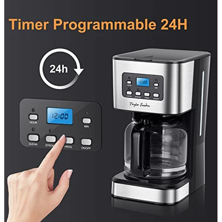Taylor Swoden Darcy, 950W Kaffeemaschine mit Timer, 1.5L für 12 Tassen, Abschaltautomatik, Tropf-Stopp, wiederverwendbarem Filter, BPA-frei, Schwarz, 2 Stück – Bild 3