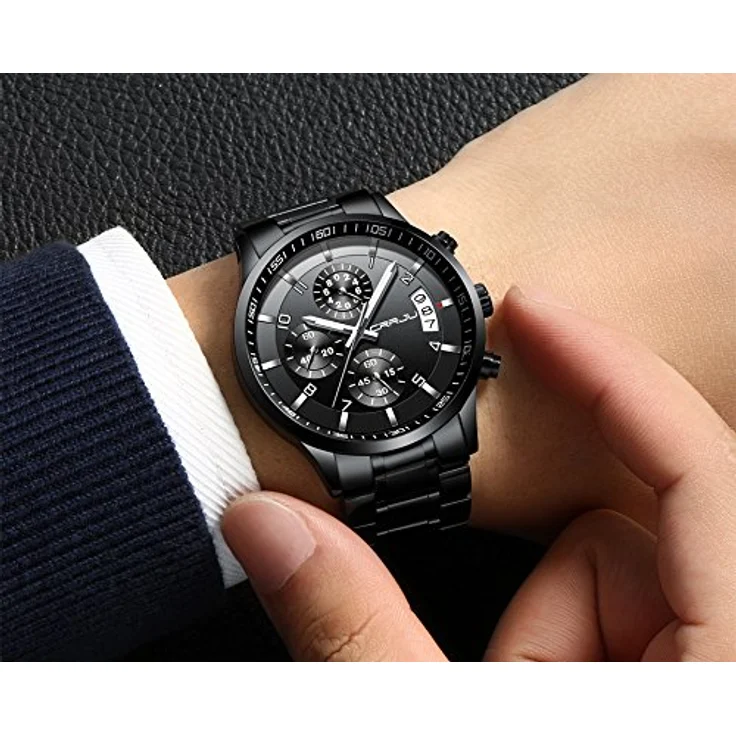 CRRJU Herren Chronograph Armbanduhr, wasserdicht, Edelstahlarmband, analoges Quarzwerk mit Kalender, schwarz – Bild 5
