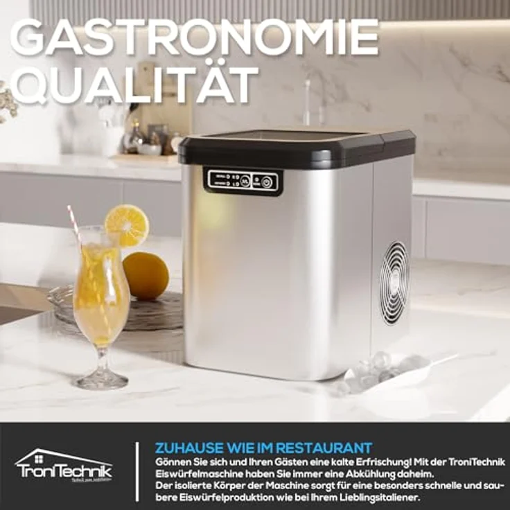 TroniTechnik® Eiswürfelmaschine aus Edelstahl, Ice Maker, 12kg/24h, 2,2 Liter Wassertank, Selbstreinigung, silberfarben – Bild 3
