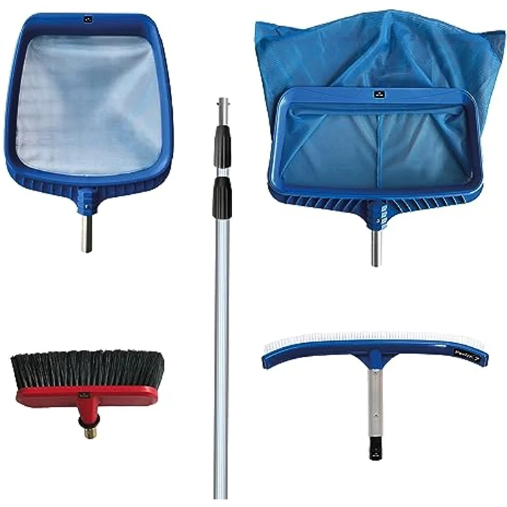 FenWi 4m Komplett Set zur Poolreinigung und Teichreinigung / 2x Kescher und 2x Bürste / Teleskopstange mit Oberflächenkescher Tiefenkescher Poolbürste Teichbürste – Bild 1