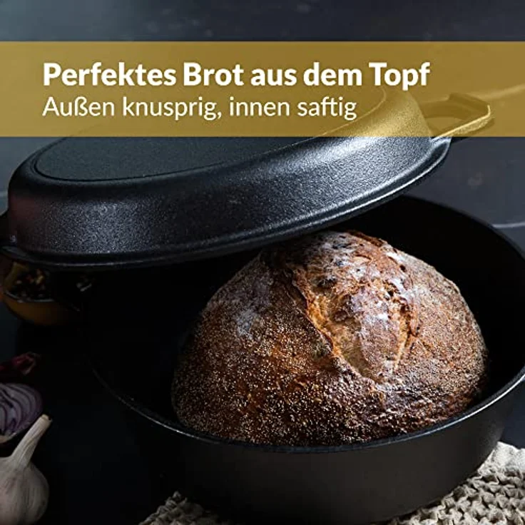 Chefarone® Gusseisen Topf mit Griff 2IN1 - Brotbackform mit Deckel 3L - Bräter mit Deckel Backofengeeignet - Gusseisen Topf Brot Backen zu Hause - Brottopf zum Backen - Cast Iron Pan – Bild 5