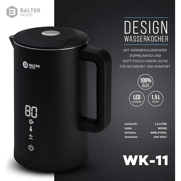 Balter Edelstahl Wasserkocher mit Temperatureinstellung, 40°C-100°C, Doppelwand, BPA frei, 1,5L, Schwarz: Tests, Infos & Preisvergleich