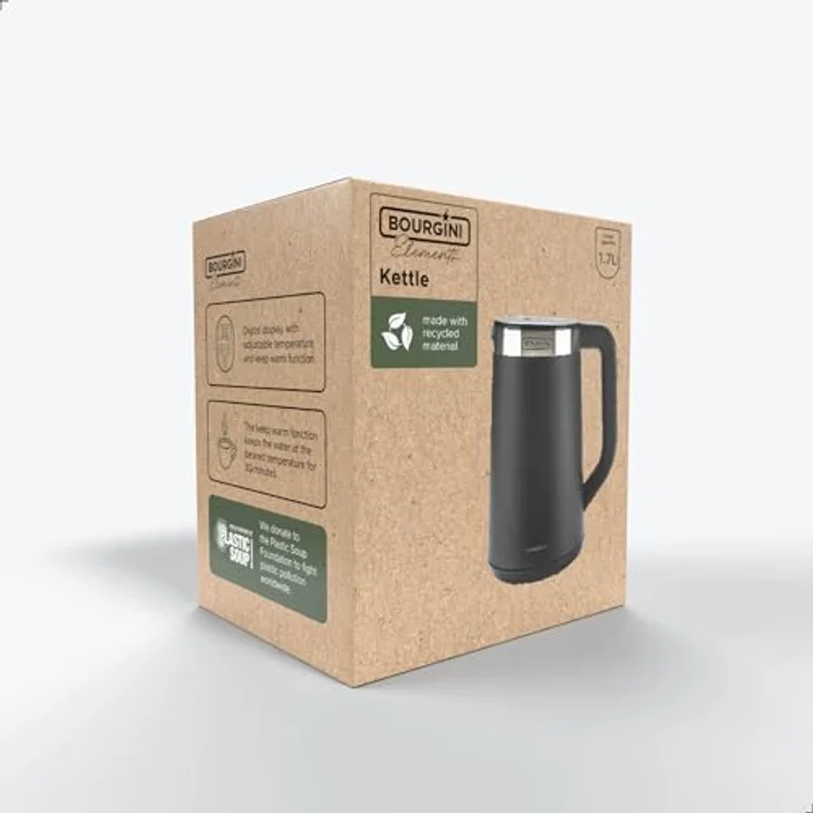 Bourgini Elements, Digitaler Wasserkocher, 1,7 Liter, Schwarz, GRS-e recycelte Materialien, präzise Temperaturwahl, Warmhaltefunktion – Bild 3