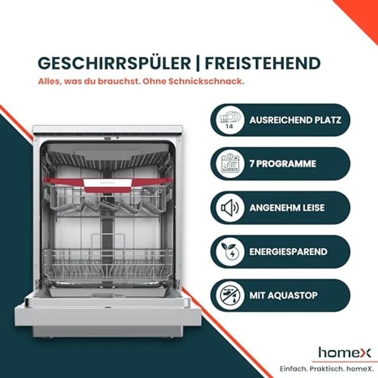 homeX DWFS601444C-S Geschirrspüler 60 cm, freistehend mit 14 Maßgedecken, 7 Programmen, AquaStop, 44 dB, unterbaufähig – Bild 2