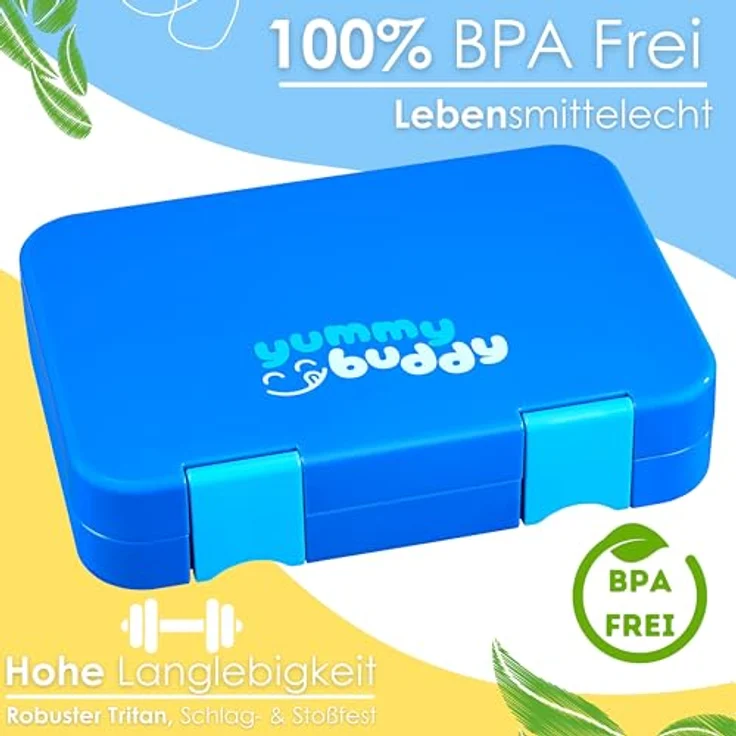 ecosa yummybuddy Snackbox Brotdose für Kinder, mit 4 Fächern und 2er Trenneinsatz, Auslaufsicher, BPA-frei, Blau – Bild 5