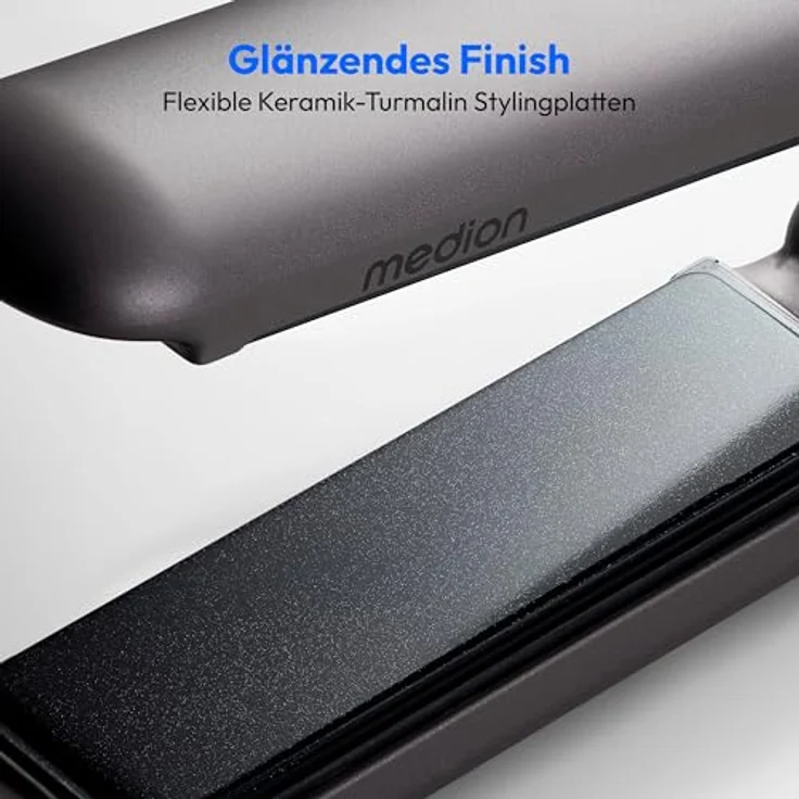 MEDION Glätteisen HS2 (kabellos, Display, 5 regelbare Hitzestufen, 165° bis 210°, breite flexible Keramik - Turmalin Heizplatten, Silikon Schutzhülle, Temperatursensor, Haarglätter) schwarz – Bild 3
