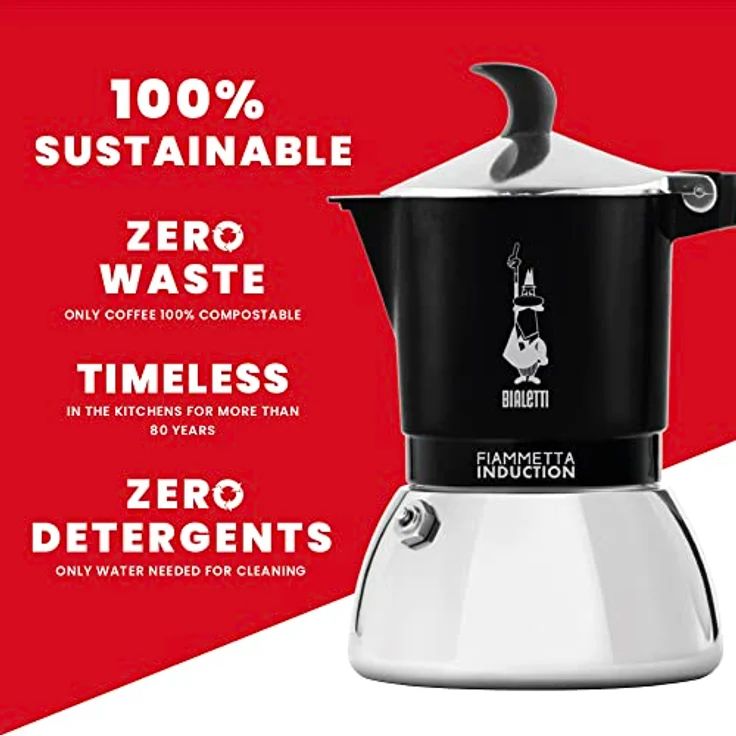 Bialetti Flammetta Induction Kaffeemaschine, Stainless Steel, Schwarz, 4 Tassen – Bild 5
