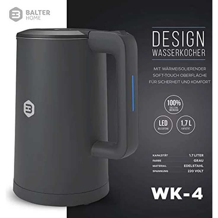 Balter Wasserkocher WK-4, 1,7 L, kabellos, doppelwandig, grau – Bild 2