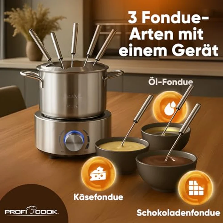 ProfiCook Elektro-Fondue PC-FD 1288, Edelstahl Fondue-Set für Öl-, Schokolade- und Käsefondue, 1,2 Liter Füllmenge, stufenlos regelbarer Thermostat, 8 Edelstahl-Fonduegabeln – Bild 2
