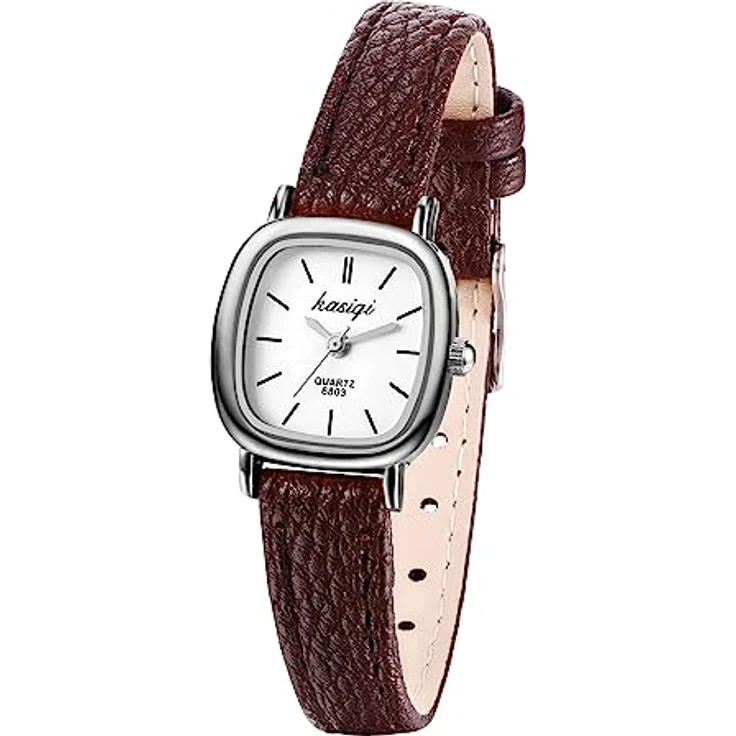 JewelryWe Vintage Quadrat Analog Quarz Damenuhr, Braun Lederarmband, Silbernes Gehäuse, Wasserdicht – Bild 1