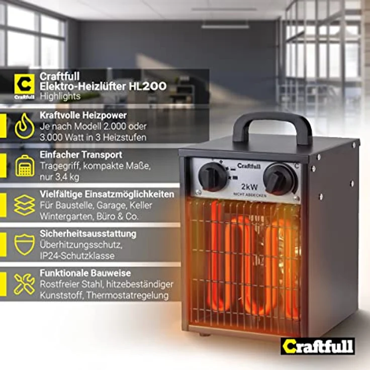 Craftfull Elektro-Heizlüfter HL200 Elektroheizer Heizgebläse Werkstattheizung 2000 Watt  - Preisvergleich – Bild 2