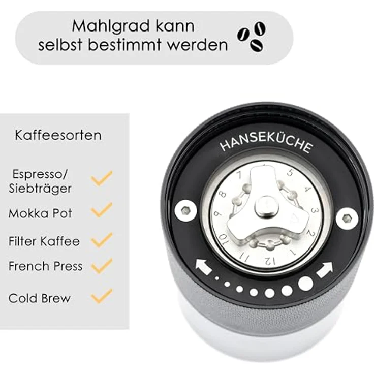 Hanseküche Manuelle Kaffeemühle, Präzisions-Edelstahlmahlwerk mit Holzgriff, Kegelmahlwerk für Espresso, schwarz – Bild 2