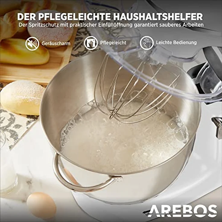 Arebos Küchenmaschine mit Planetenrührsystem, 1500W, 6L Edelstahl-Rührschüssel, 6 Geschwindigkeiten, geräuschlos, weiß – Bild 7