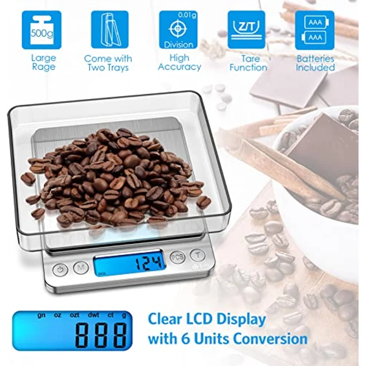 Brifit Feinwaage, Digitalwaage 500g mit 100g Edelstahl Kalibriergewicht, PCS-Funktion, Tara-Funktion, 6 Einheiten Konvertierung, Auto-Off, Silber – Bild 3