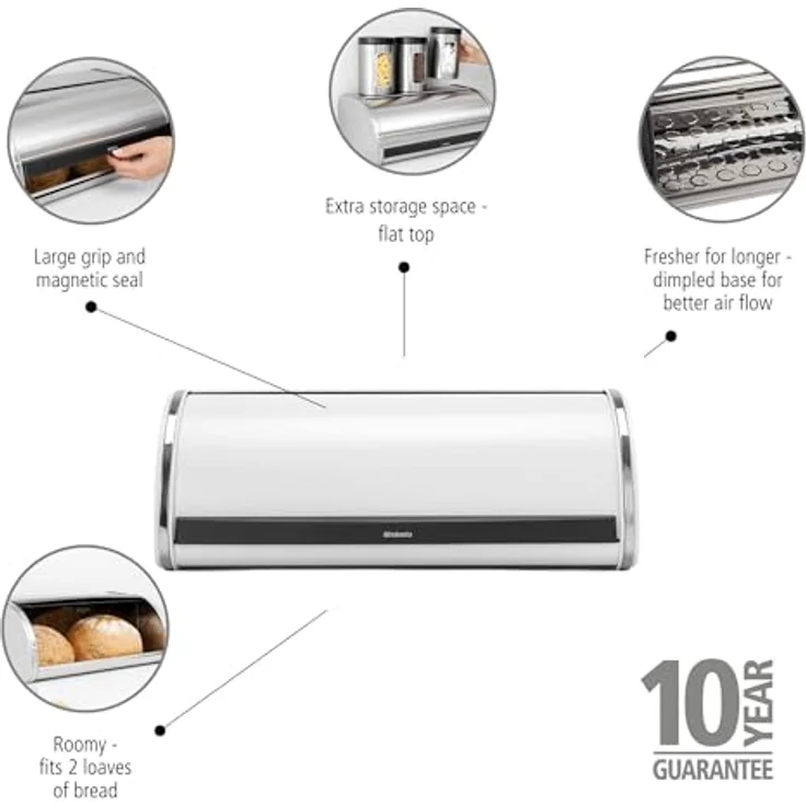 Brabantia Rollbrotkasten, große Aufbewahrungsbox aus langlebigem Stahl, platzsparend mit flachem Deckel, weiß – Bild 3