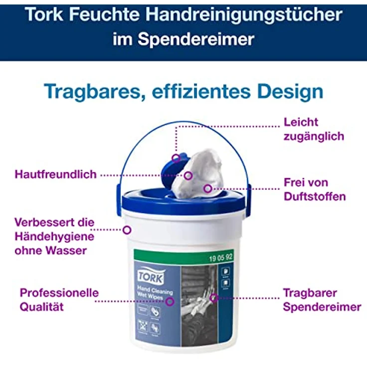 Tork Feuchte Handreinigungstücher im Spendereimer Weiß W14, Ohne Duftstoffe, 1 × 58 Tücher, 190592 – Bild 3