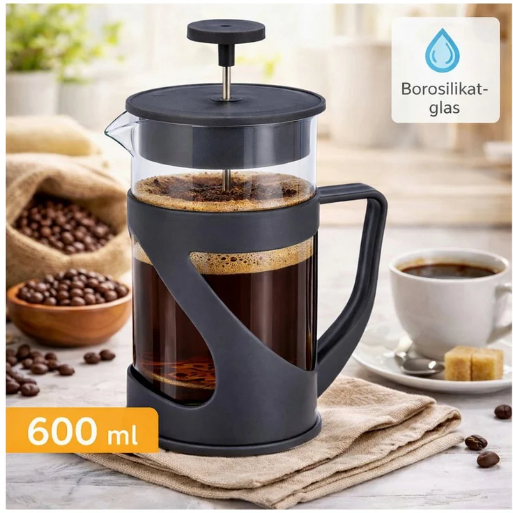 Koopman Kaffeebereiter, Glas, handlich, 600 ml, hitzebeständig, transparent/dunkelgrau