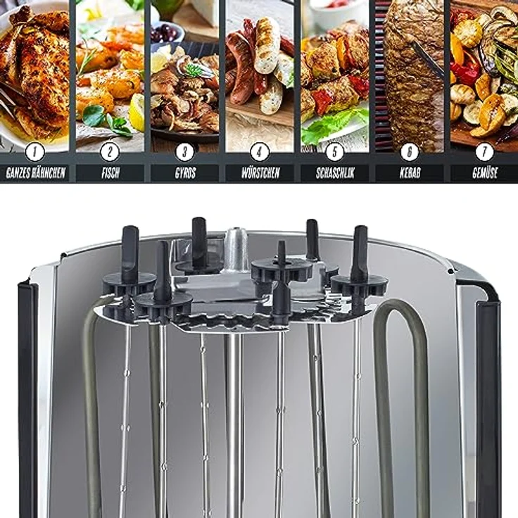 Heinrich´s Dönergrill, Schaschlikgrill, Rotissiere Hähnchengrill, Gyros Kebab, 1400 Watt, Drehspieß, aus Edelstahl, inkl. 6 Schaschlikspieße, silber, schwarz – Bild 3