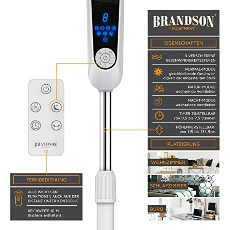 Brandson Standventilator Silent mit Fernbedienung und Display - mobiler Lüfter - Oszillation 80° - – Bild 6