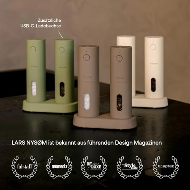 LARS NYSØM Elektrisches Salz und Pfeffermühlen Set, Keramikmahlwerk fein bis grob, USB wiederaufladbar mit Ladestation, Automatische Gewürzmühlen (Brick Red) – Bild 5