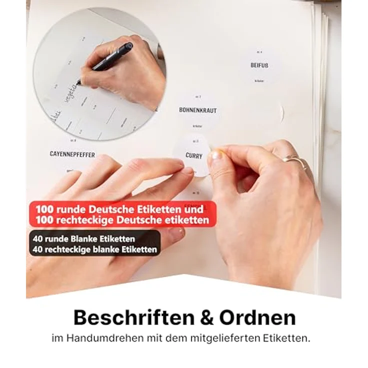 Deco haus® Gewürzgläser eckig, 24er Set mit Schraubkappen, lebensmittelecht, luftdicht, inkl. Etiketten & Streueinsatz – Bild 3