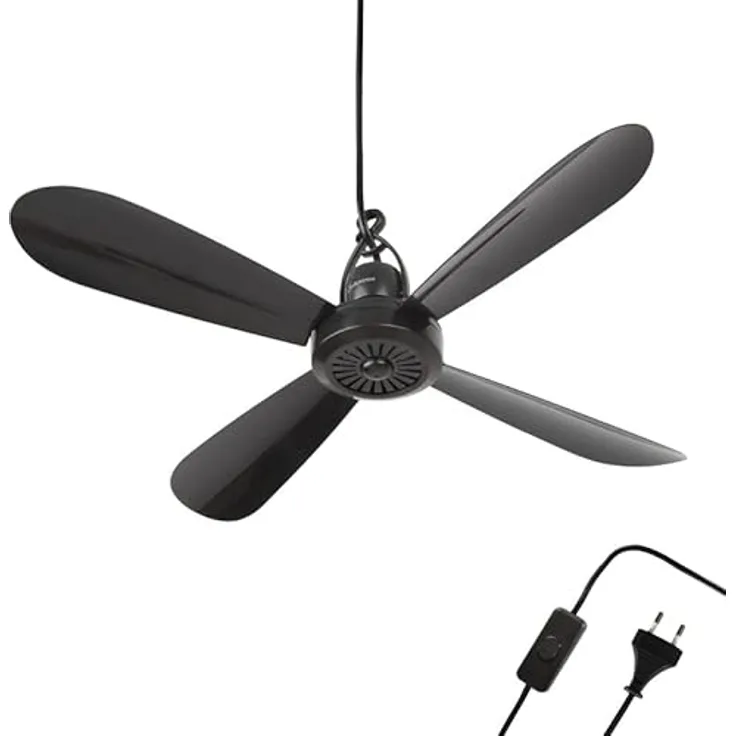 Bestlivings Mobiler Deckenventilator Schwarz (5m XXL Kabel) mit Stecker und Schalter, 220V-240V / 5 Watt, Ø40 cm Decken Ventilator mit Aufhänger
