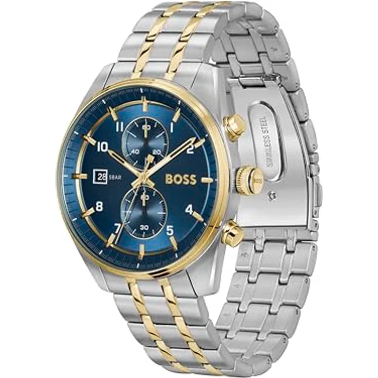 BOSS Chronograph Quarz Uhr SKYTRAVELLER, blaues Zifferblatt, zweifarbiges Edelstahlarmband, 5 ATM wasserdicht, 44 mm Gehäusedurchmesser, Datumsanzeige - 1514247 – Bild 2