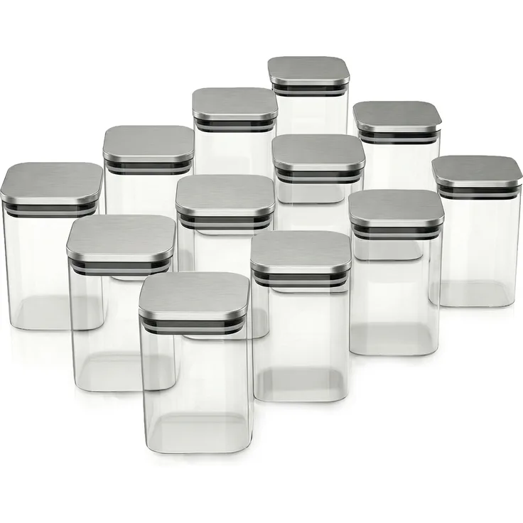 Arendo Vorratsgläser 12er Set, eckige Glasbehälter 1,2 L aus Borosilikatglas mit Edelstahldeckel, luftdicht, hitzebeständig, mikrowellengeeignet