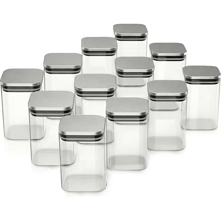 Arendo Vorratsgläser 12er Set, eckige Glasbehälter 1,2 L aus Borosilikatglas mit Edelstahldeckel, luftdicht, hitzebeständig, mikrowellengeeignet