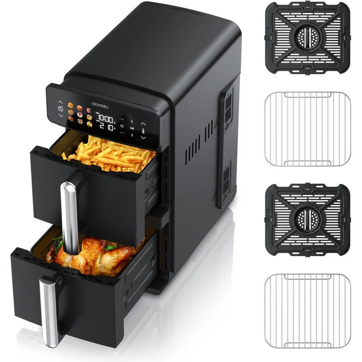 Arendo Heißluftfritteuse DUAL VERTICAL 11L, XXL Doppelkammer Airfryer mit 2400 W, 9 Programmen, Edelstahl, fettarmes Kochen