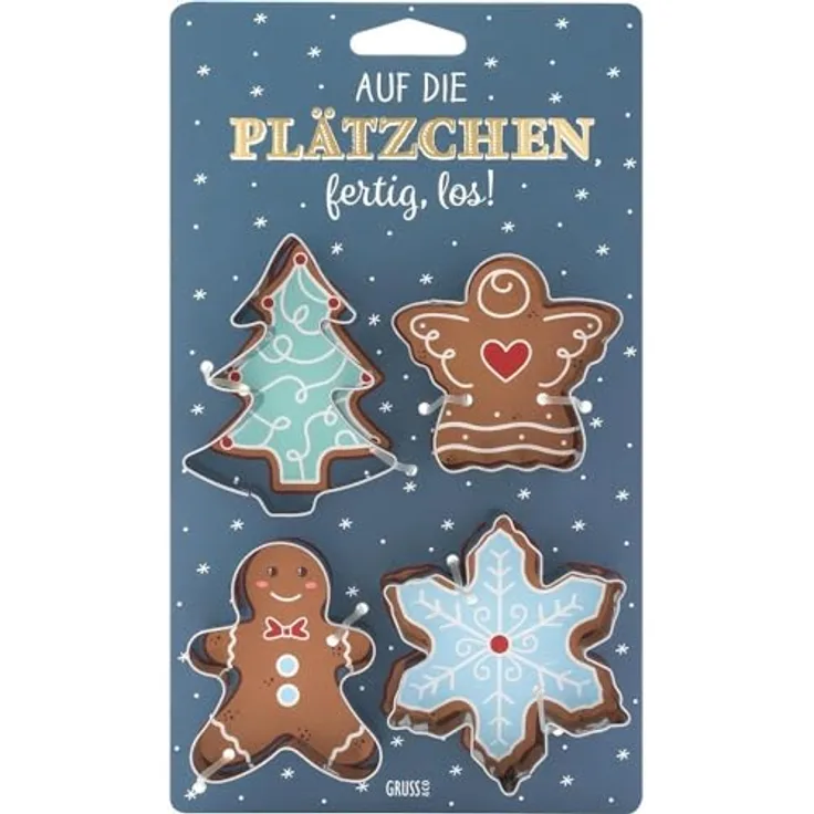 GRUSS & CO Keksausstecher-Set "Auf die Plätzchen" | Geschenkset mit 4 Ausstechformen, Weihnachtsbaum, Pfefferkuchenmann, Schutzengel und Schneeflocke | Backen für Weihnachten, Backformen | 51125