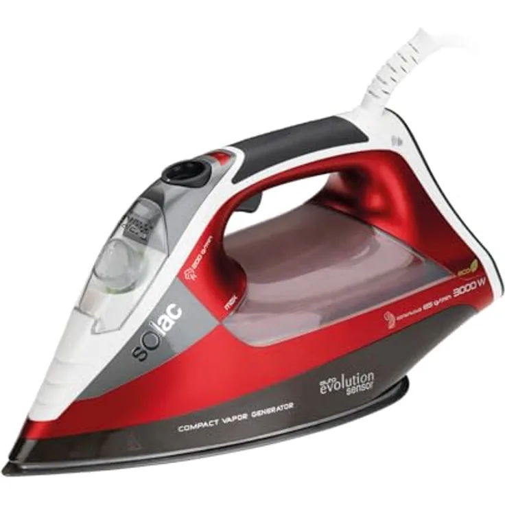 Solac CVG9611 Dampfbügeleisen, 3000 W, 200 g/min Dampfstoss, Schwarz-Rot-Weiss, mit Antihaft-Bügelsohle und Kalkschutzsystem