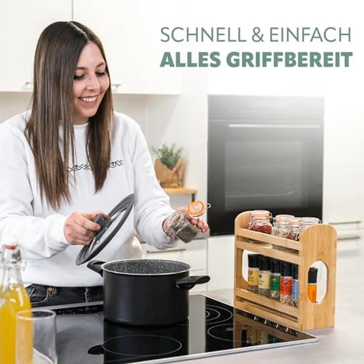 eluno Gewürzregal ausziehbar mit 2 Etagen aus Bambus 29 x 10 x 24,5 cm, praktischer Schrankorganizer in warmem Naturton – Bild 6