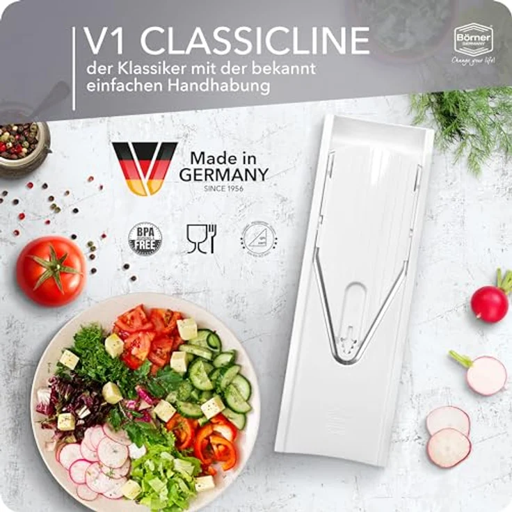 Börner Gemüsehobel V1 ClassicLine Profi Set, Kunststoff, mit 2 Messereinschüben und Dockingstation weiß – Bild 4