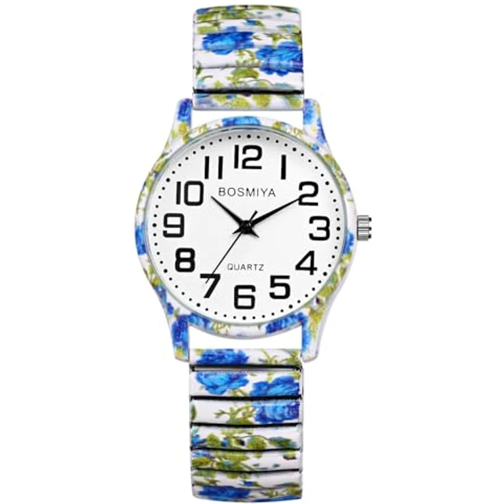 JewelryWe Boho Damen Analog Quarz Armbanduhr, Blau Blumen Floral Druck, Elastisches Edelstahl Stretch-Armband, Große Zahlen, Verstellbar – Bild 1