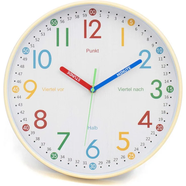 K&L Wall Art Wanduhr Holzoptik Lernuhr Kinderuhr leise Kinderwanduhr modern (Kinderlernuhr ohne Tickgeräusche) in Bunt, 30 cm Durchmesser, Kunststoffrahmen – Bild 1