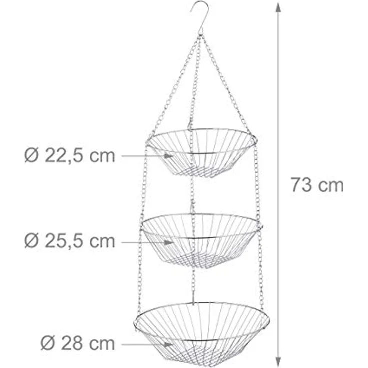 Relaxdays Hängekorb 3 Etagen, hängende Obstkörbe, 3er Etagere für die Decke, Obst, platzsparend in Küche, Stahl, silber, 73 x 28 x 28 cm – Bild 4