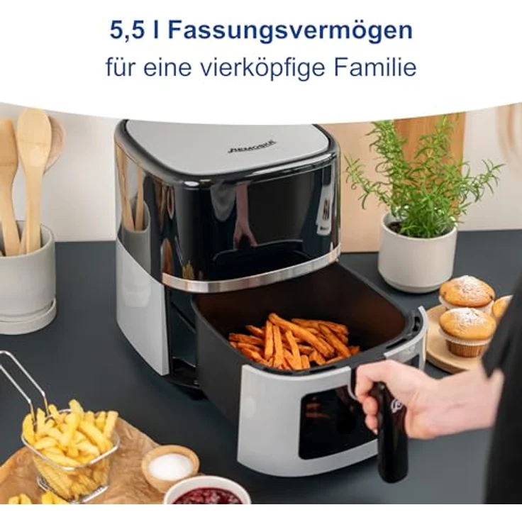 Remoska Heißluftfritteuse Vento R301001 5,5 l, 360° Heißluftstrom, 8 Programme, LCD, Leiser Betrieb 48,9 dB, Non-Stick-Gitter, 1350 W, Schwarz – Bild 2