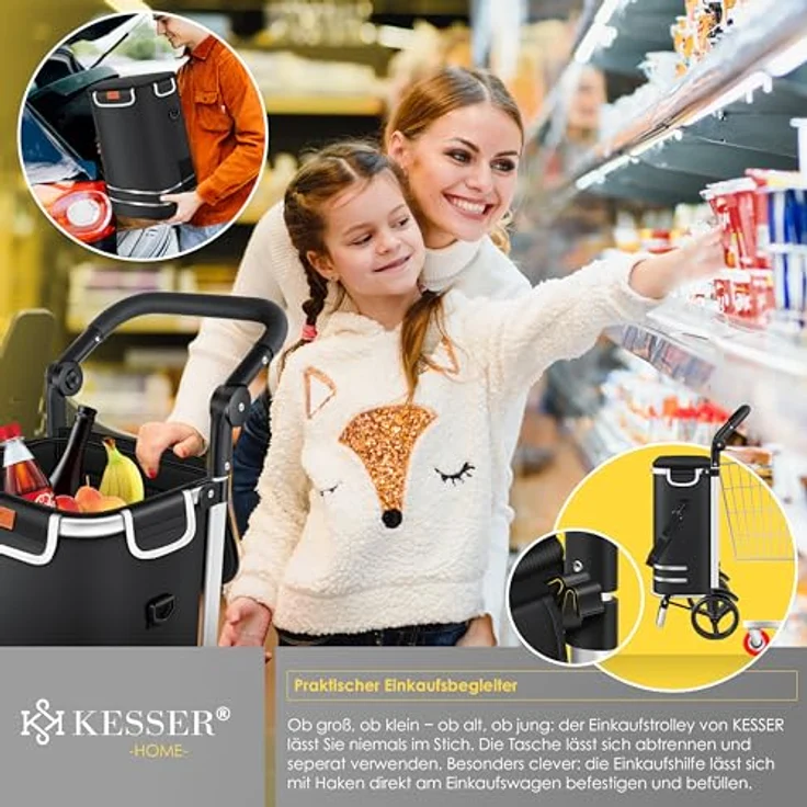 KESSER® Einkaufstrolley klappbar mit 56L Kapazität und belastbar bis 50kg | 3in1 Trolley Sackkarre & Umhängetasche | Faltbarer Einkaufswagen inkl. Kühlfach & Einkaufschip | Treppensteiger Schwarz – Bild 4