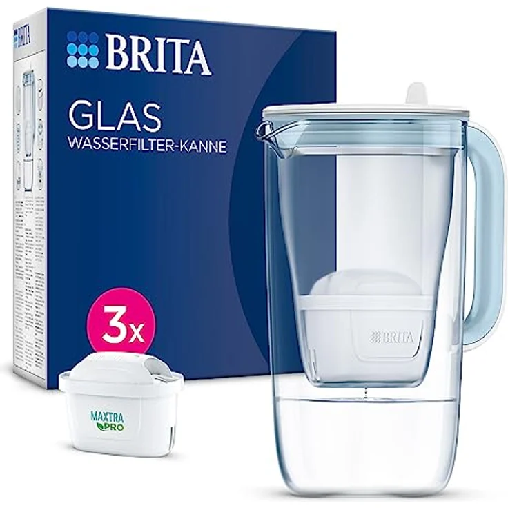 BRITA Glas Wasserfilter-Kanne hellblau (2,5l) inkl. 3x MAXTRA PRO All-in-1 Kartusche – Premium Design Kanne aus Glas, robust & leicht / reduziert Kalk, Chlor, Metalle wie Blei & Kupfer – Bild 1