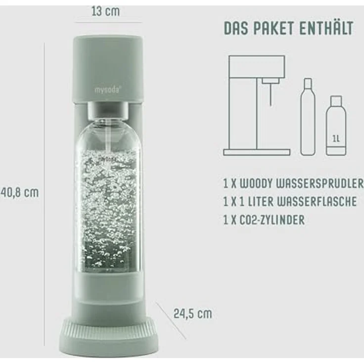 Mysoda Woody Set - Wassersprudler aus erneuerbarem Holzkomposit Material mit Quick-Lock BPA-frei Plastikflasche und CO2-Zylinder - Salbeigrün (Pigeon) – Bild 2