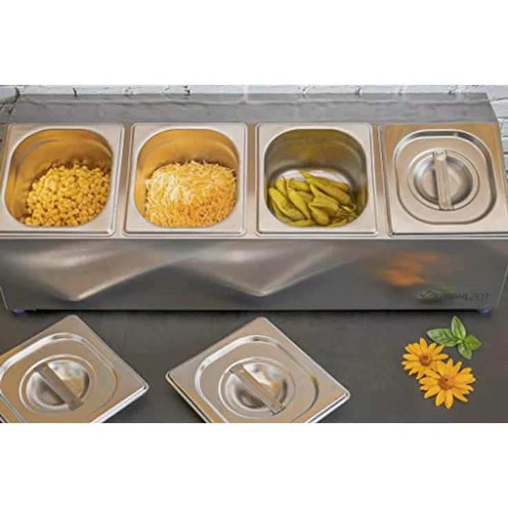 Mahlzeit Edelstahl Zutatenbehälter | 4 x 1/6 GN Catering Behälter mit Gummifüßen, 68,5 x 24,5 x 21,5 cm | Cocktail Zutatenbehälter für Gastro, Küche, Pizza Station, Buffet Zubehör, Salatbar – Bild 2