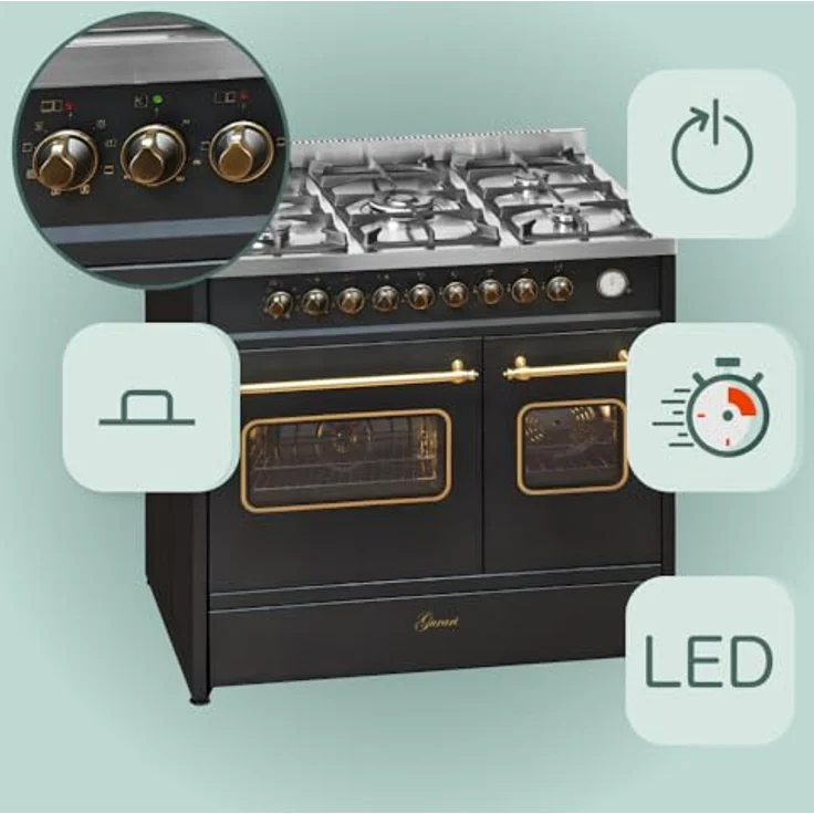 Gurari Gas Standherd 90 cm GCH E 916 Bl Retro Gasherd mit Elektro Backofen | Range Coocker 89L | 8 Funktionen | Heißluft | Grill | 5 Hochwertige Brenner | 4 kw WOK | Erdgas | Propangas – Bild 4