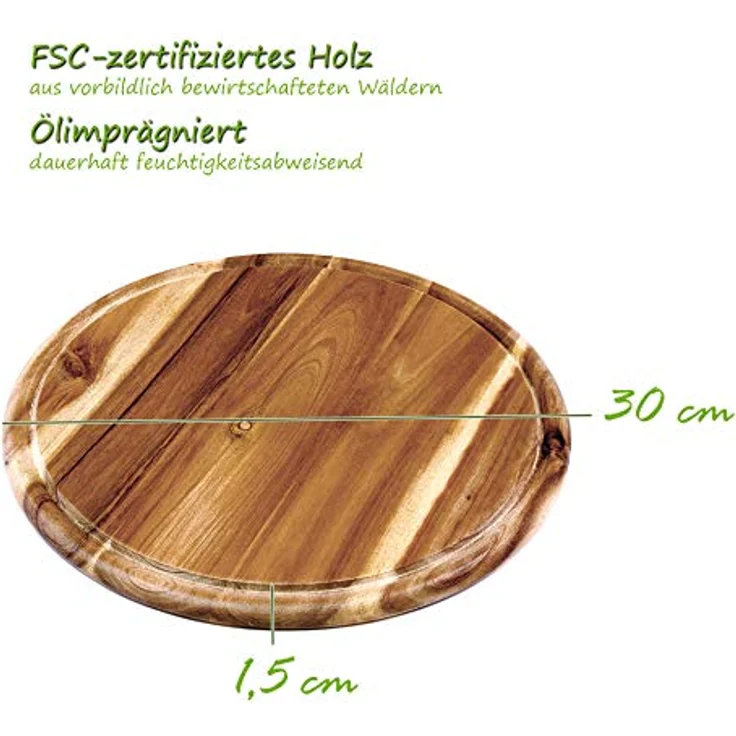 Kesper 2 Stück Fleischteller aus Akazienholz, FSC-zertifiziert, rund, mit Saftrinne, Ø 30 x 1,5 cm – Bild 4