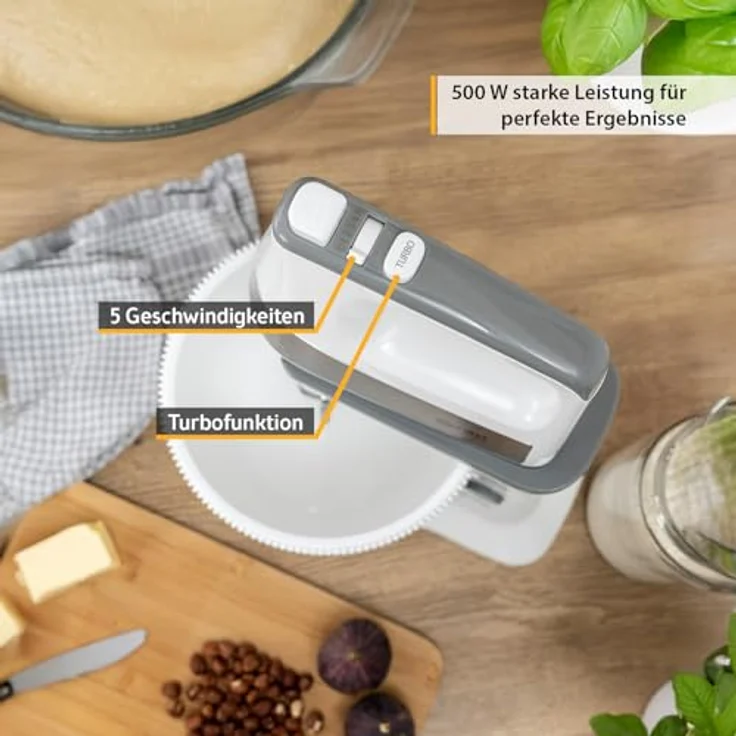 TZS First Austria 2 in 1 Handmixer und Standmixer, 3,4L, 500W, Automatikantrieb, 5 Geschwindigkeiten, Turbofunktion, mit Knethaken + Rührbesen aus Edelstahl – Bild 4