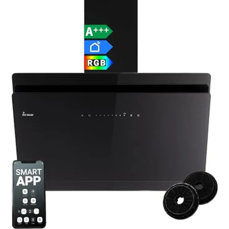 KKT KOLBE SOLO9005SM Dunstabzugshaube 90 cm, A+++ Energieeffizienz, 782 cbm/h, Umluft/Abluft, Smart WiFi, Glas Schwarz, SensorTouch, RGBW LED-Beleuchtung, Nachlaufautomatik – Bild 1