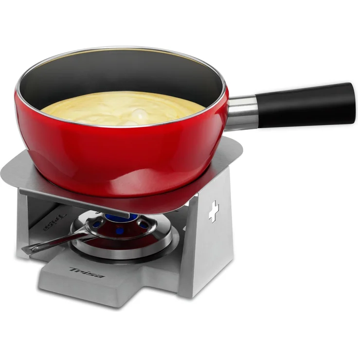 Trisa Swiss Cross Stone Fondue Set, Rot, Caquelon für Induktionsherde mit Schweizer Design, inkl. 6 Käsefonduegabeln und Rechaud